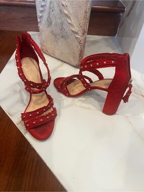 Vince Camuto Red Studded Suede Block Heel Sandals